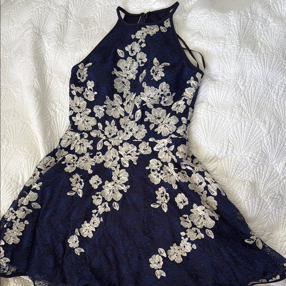 Xscape Midnight Blue Gown with Ivory Lace
